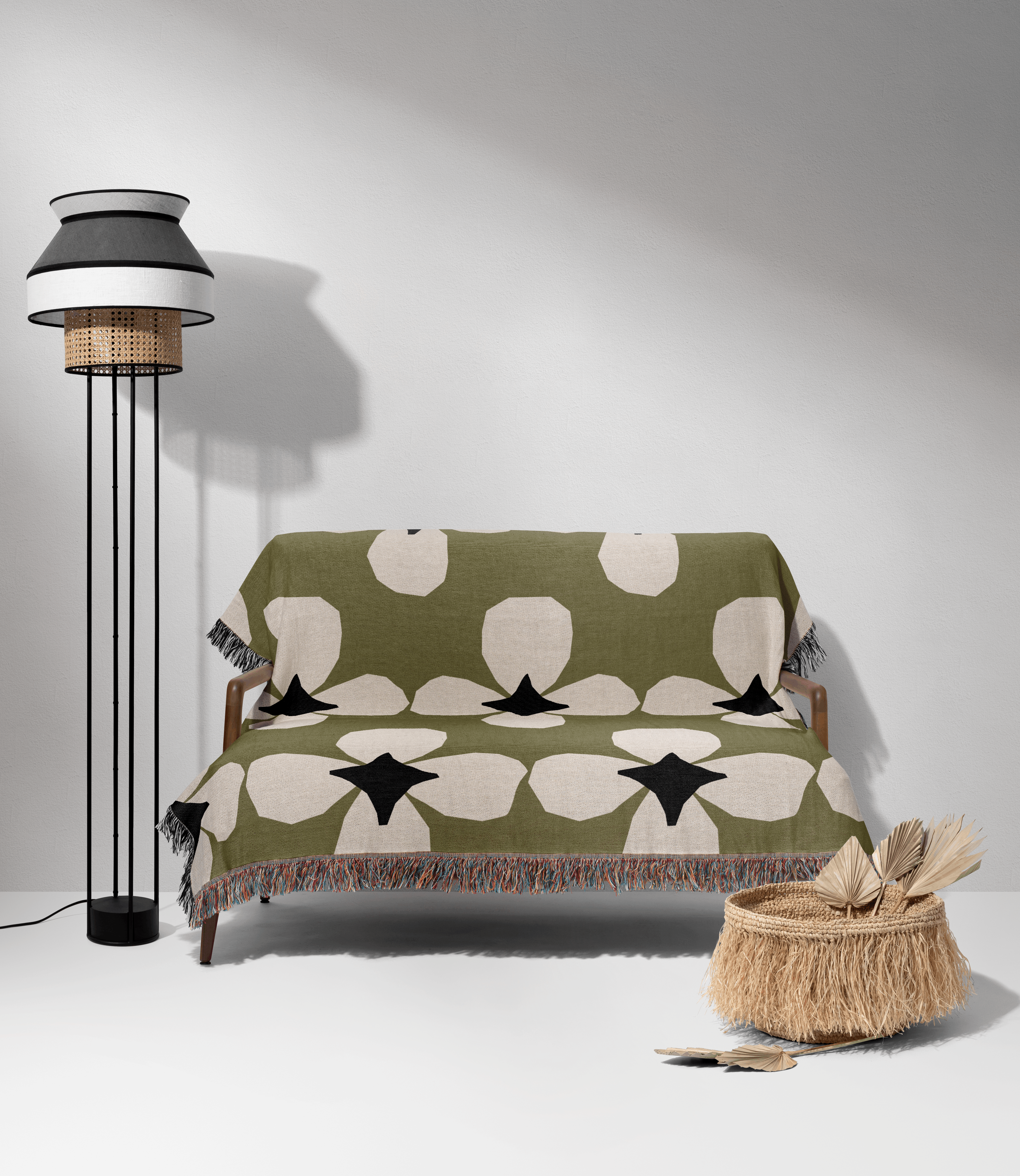 Olive Green Floral Woven Throw Blanket – Mid-Century Starflower