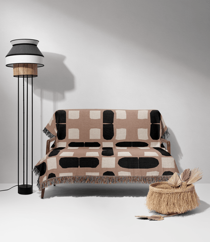 Modern Beige and Black Woven Throw Blanket – Abstract Geometric Pattern