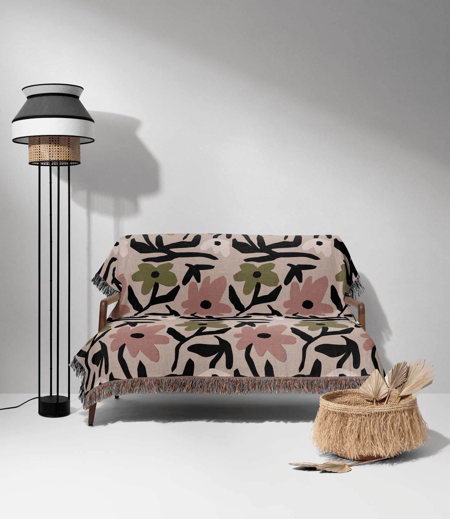 Pink and Olive Floral Woven Throw Blanket – Modern Design