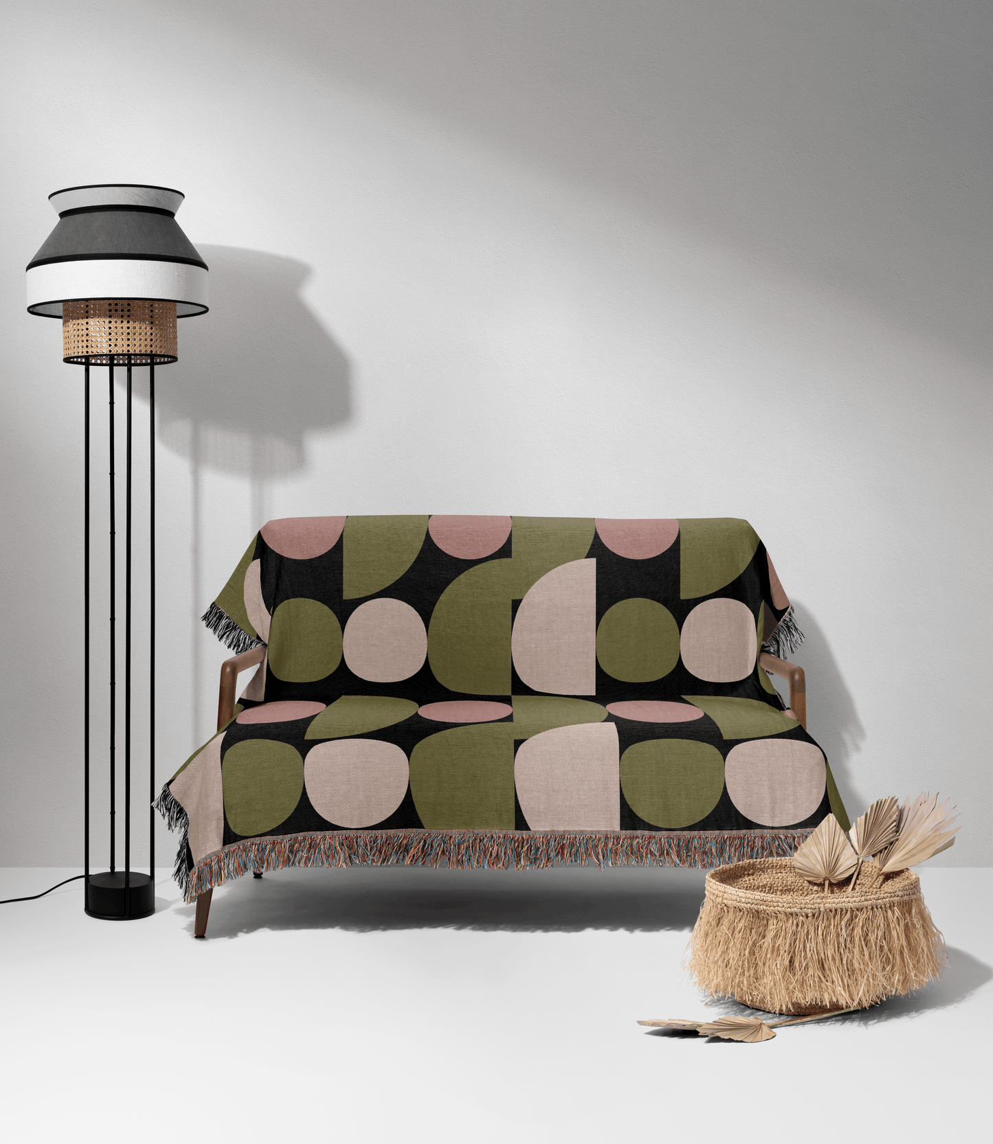 Modern Geometric Woven Throw Blanket – Olive, Blush & Cream Circles