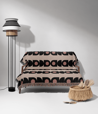 Blush and Charcoal Geometric Woven Throw Blanket