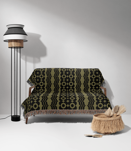 Retro Olive Green Mid-Century Woven Throw Blanket