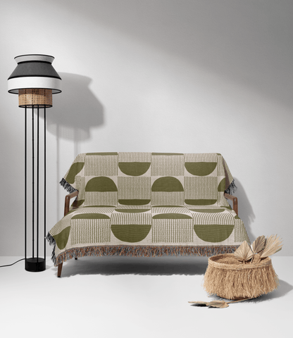 Modern Minimalist Woven Throw Blanket with Olive Half-Moon Pattern