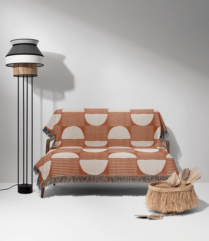 Terracotta Geometric Woven Throw Blanket with Half-Moon Pattern