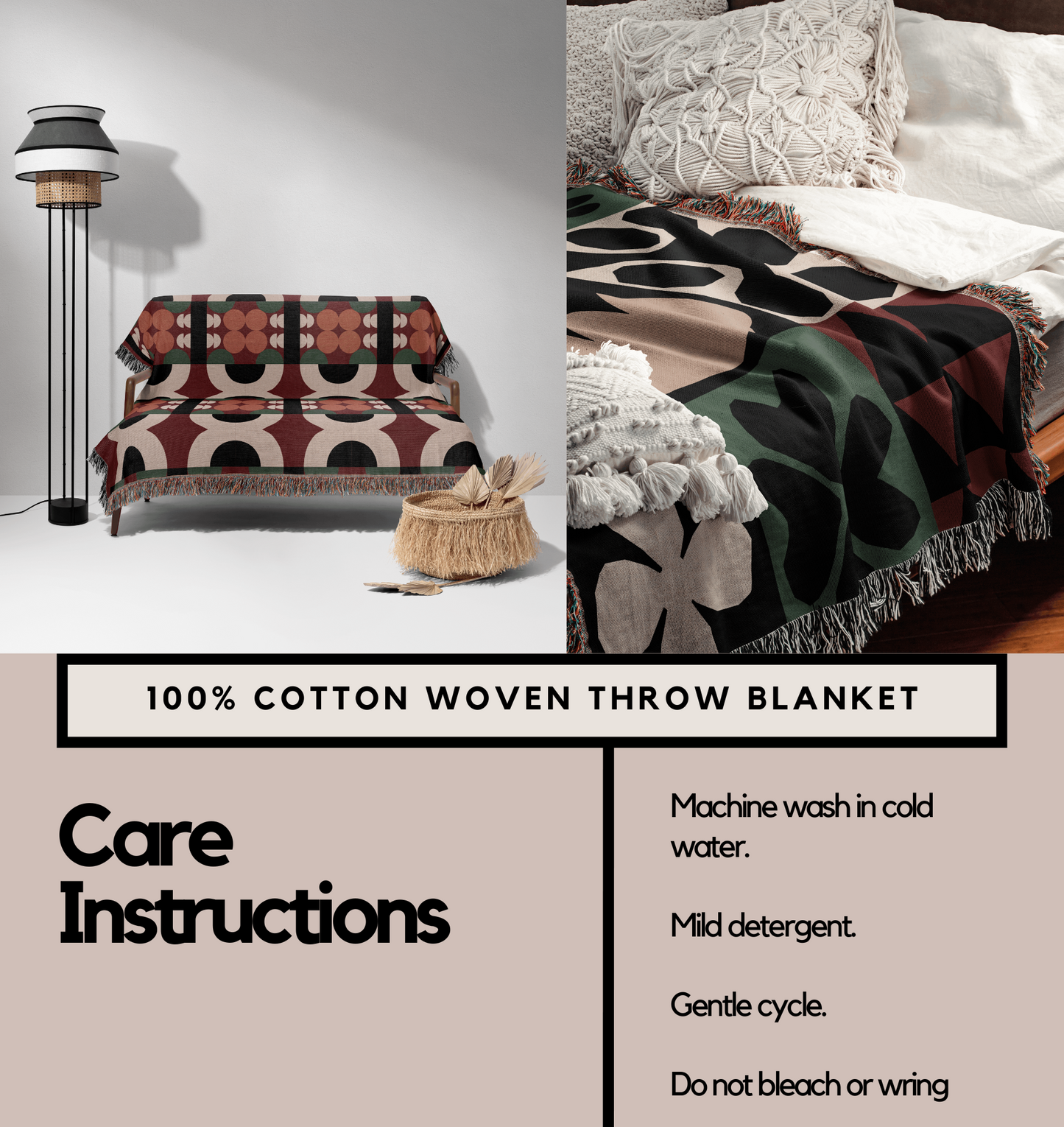 Retro Abstract Woven Throw Blanket – Terracotta & Blush Geometric Blocks