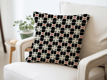 1960s Retro Floral Woven Pillow in Black, Green & Rust