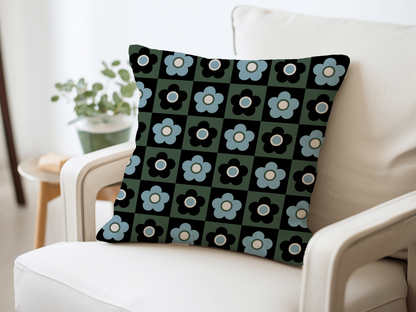 Retro 60s Floral Checker Woven Accent Pillow in Black, Blue, and Green