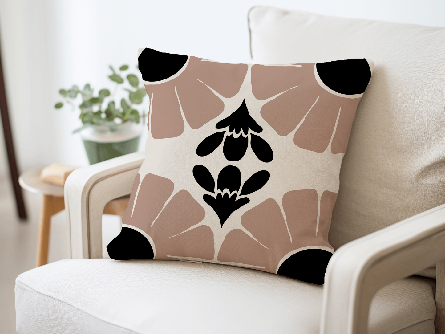 Beige, Black, and Cream Abstract Floral Woven Pillow