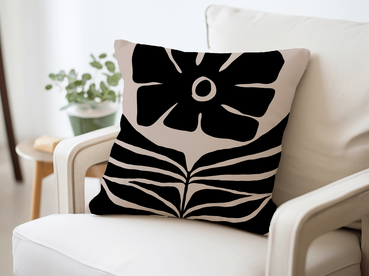 Black and Beige Bold Floral Woven Pillow