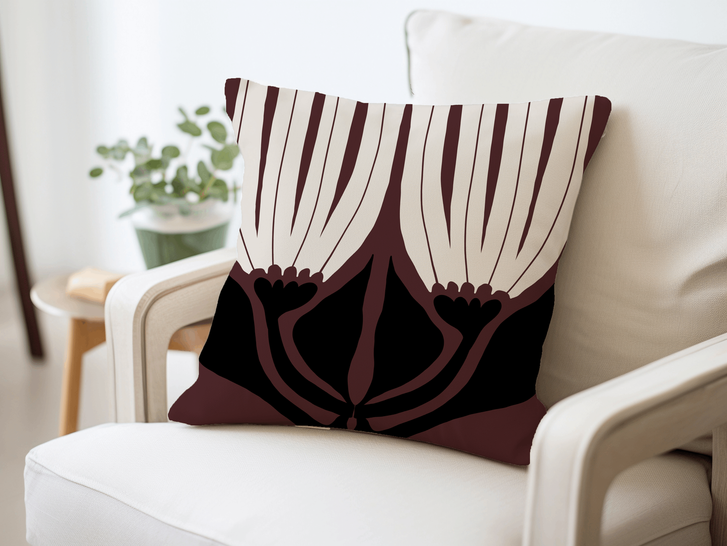 Burgundy, Black, and Cream Abstract Floral Woven Pillow