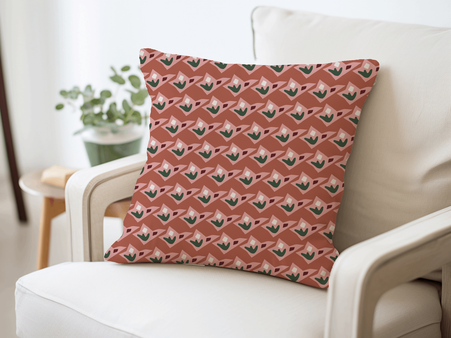 Terracotta, Pink, and Green Geometric Floral Woven Pillow