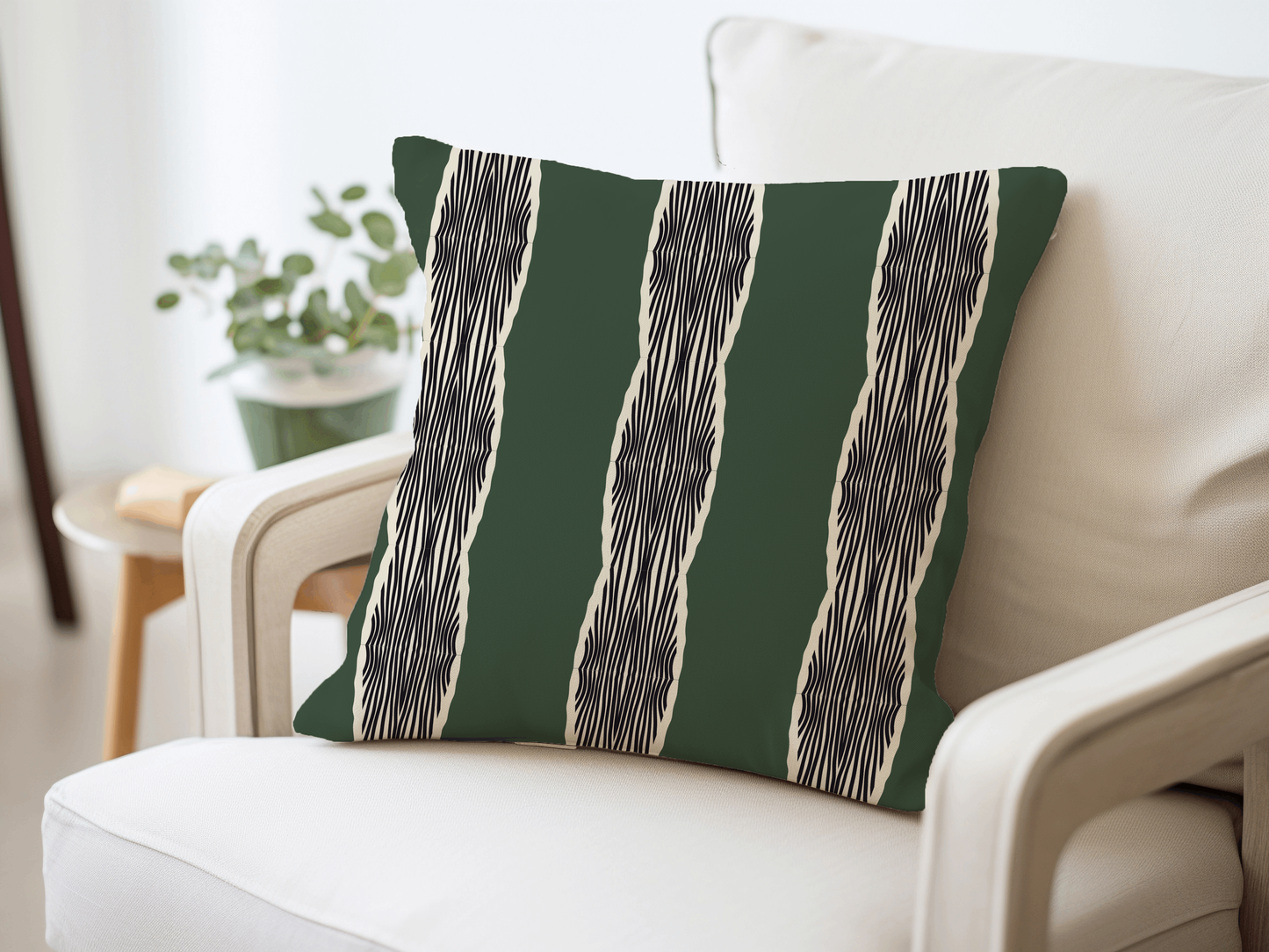 Green and Cream Wavy Stripe Woven Pillow