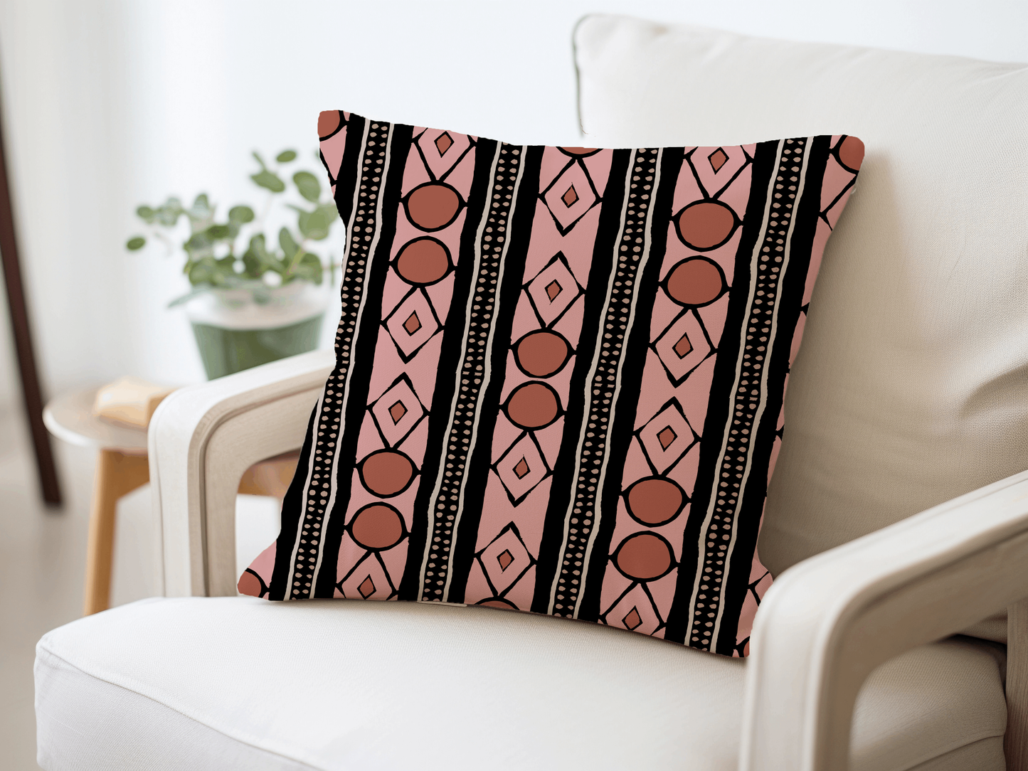 Pink and Terracotta Tribal Geometric Woven Pillow