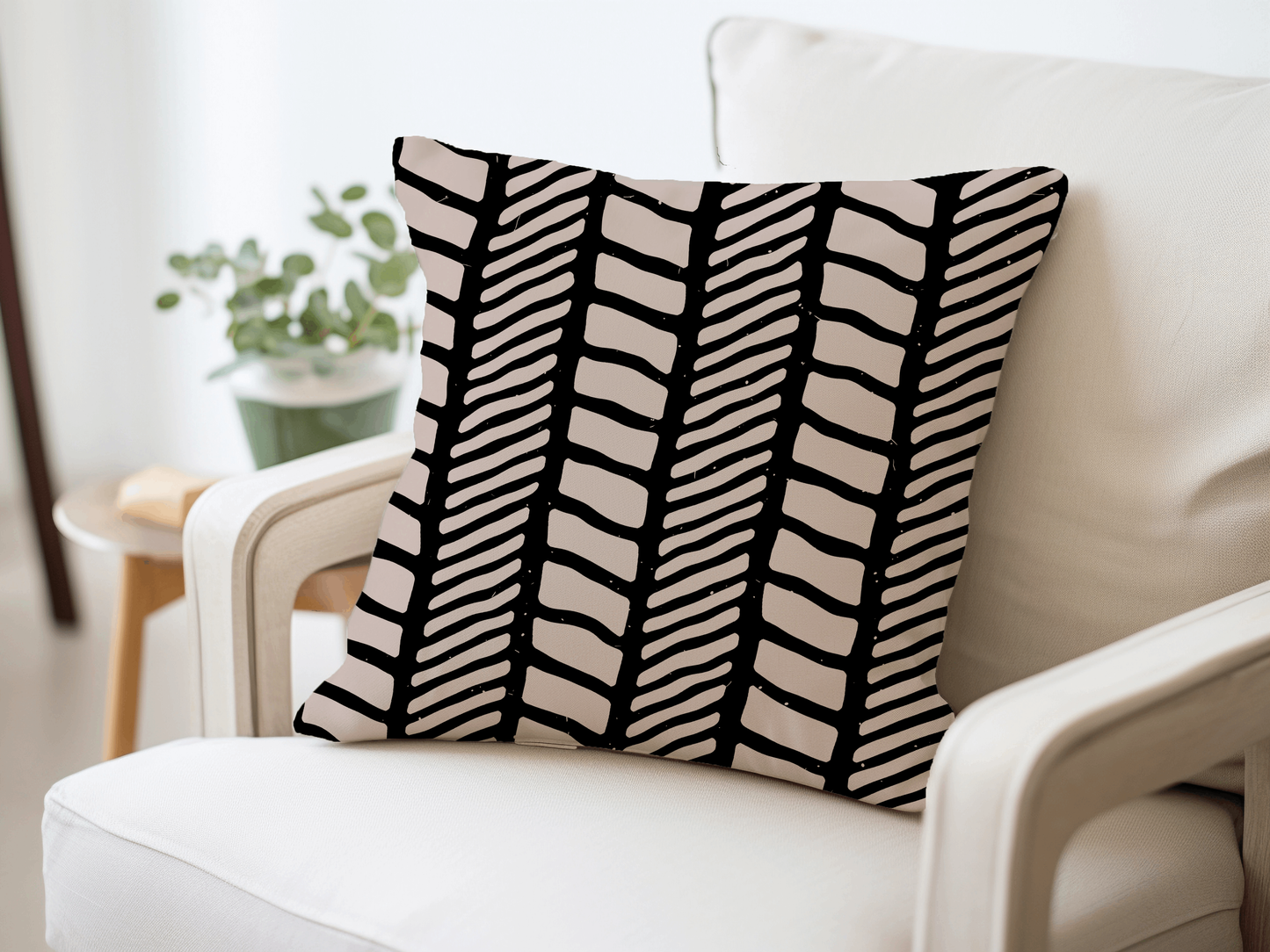Black and Beige Abstract Herringbone Woven Pillow