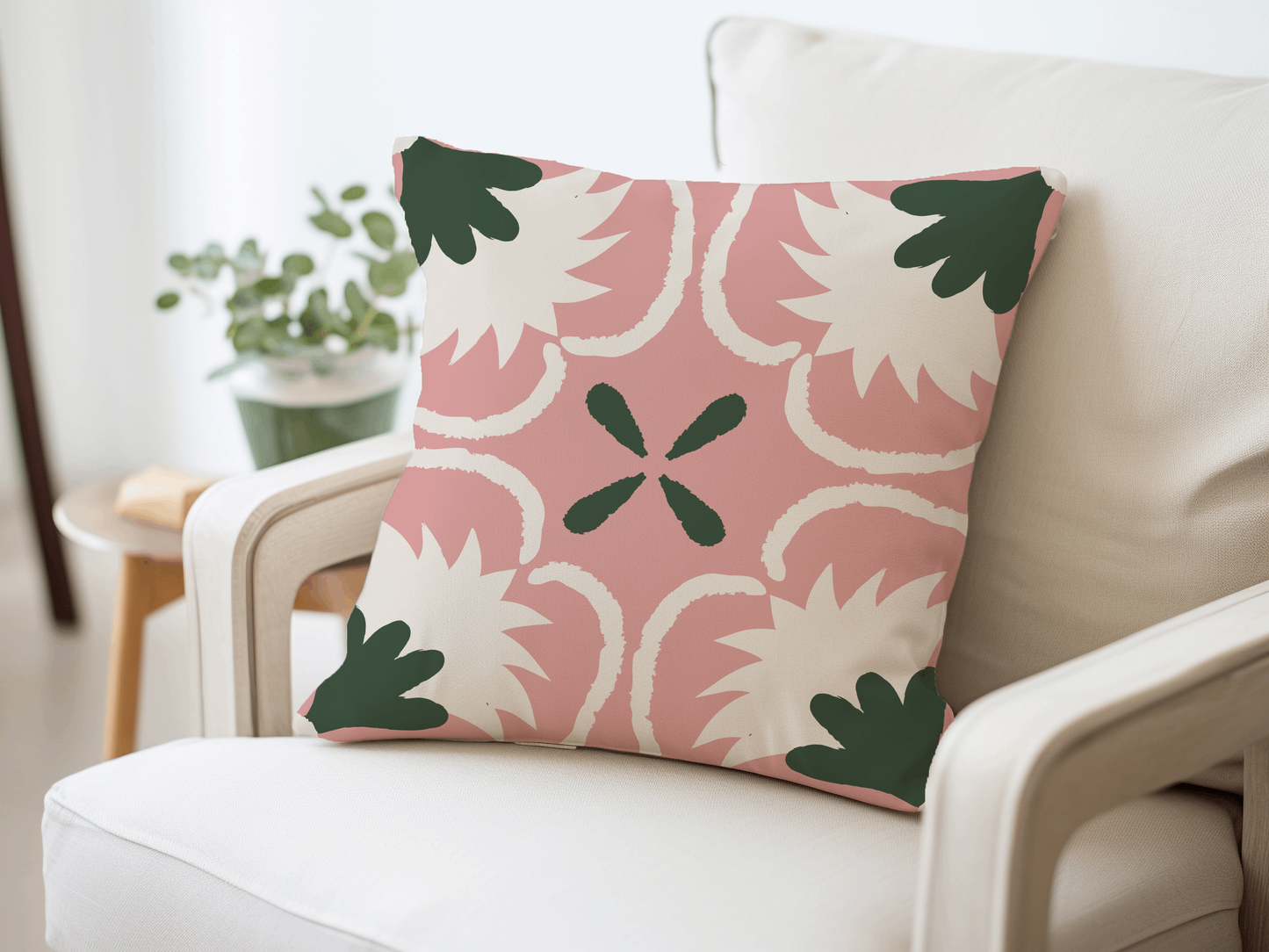 Pink and Green Floral Abstract Woven Pillow