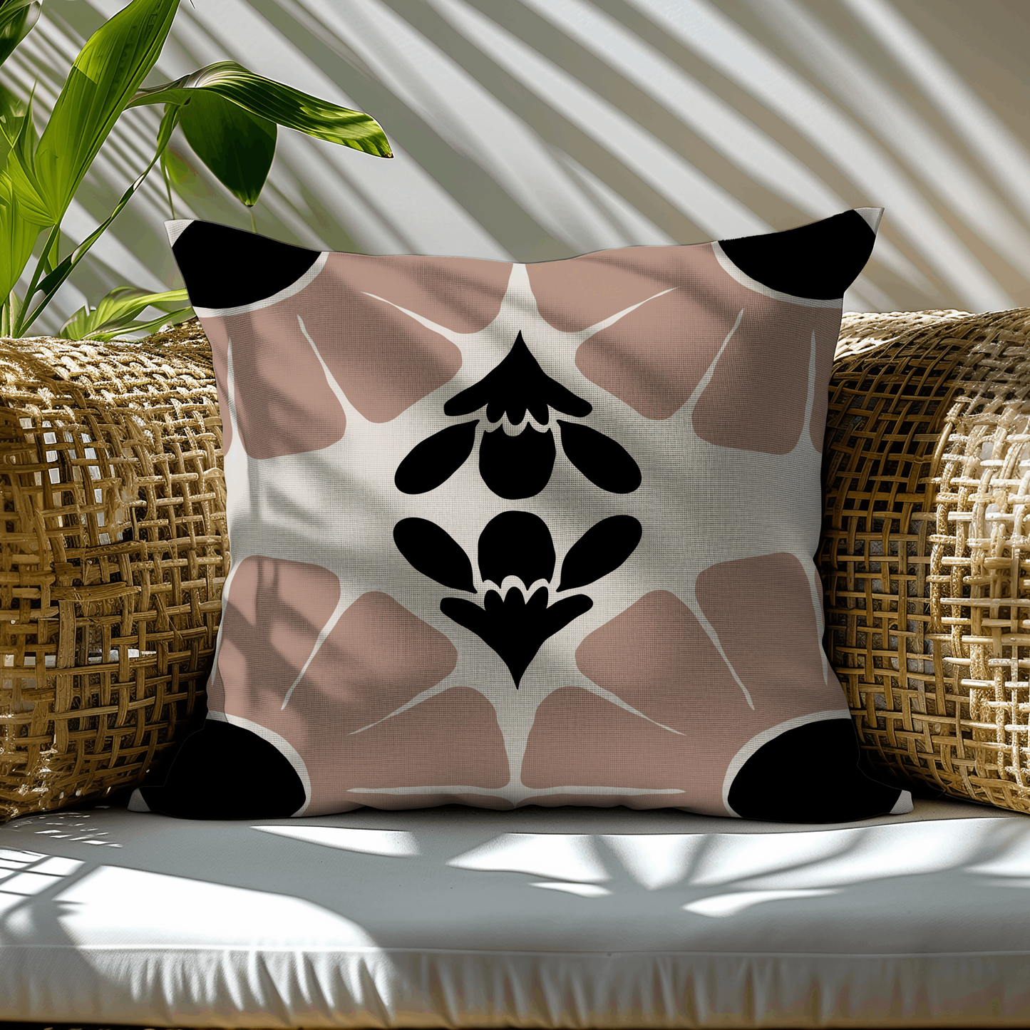 Beige, Black, and Cream Abstract Floral Woven Pillow