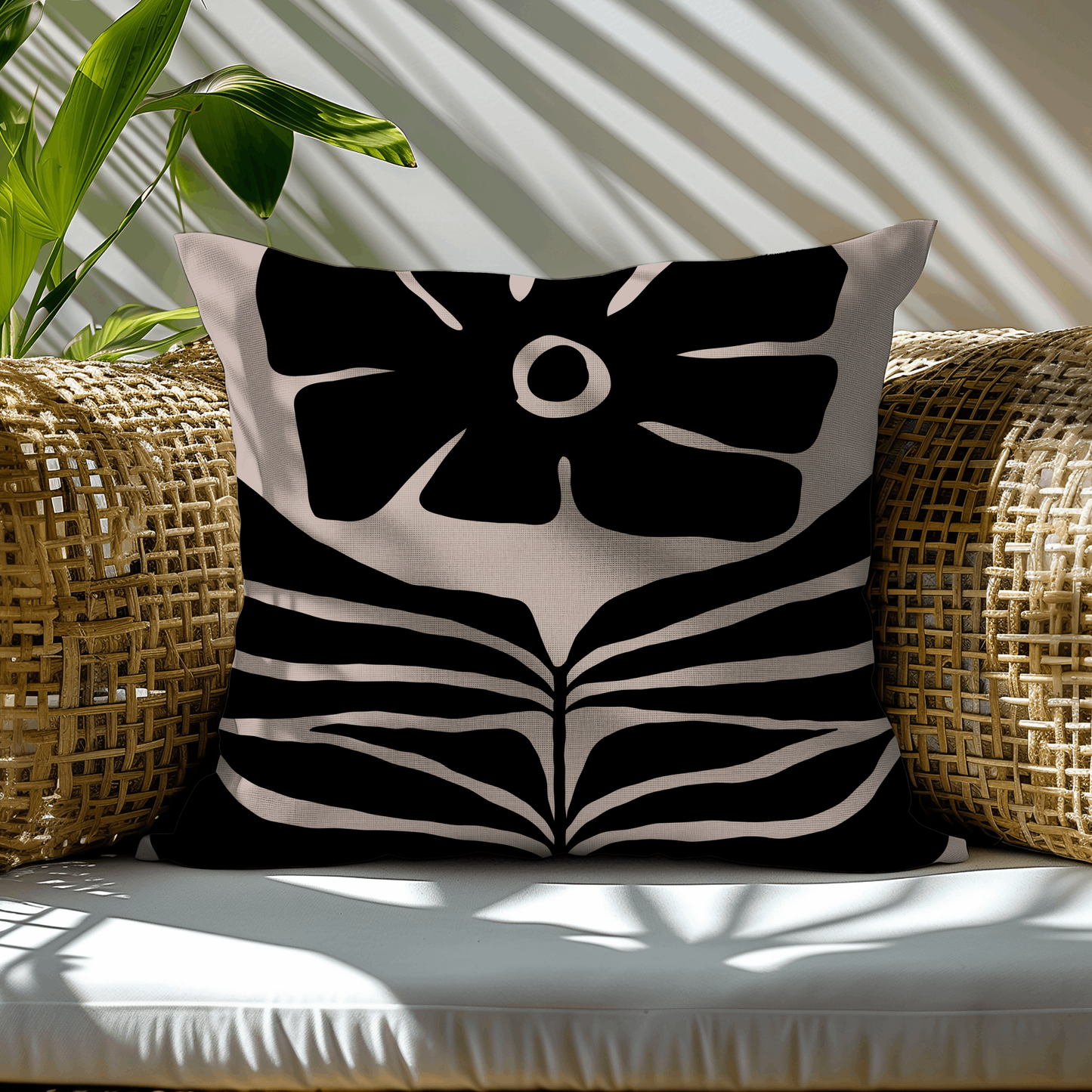 Black and Beige Bold Floral Woven Pillow