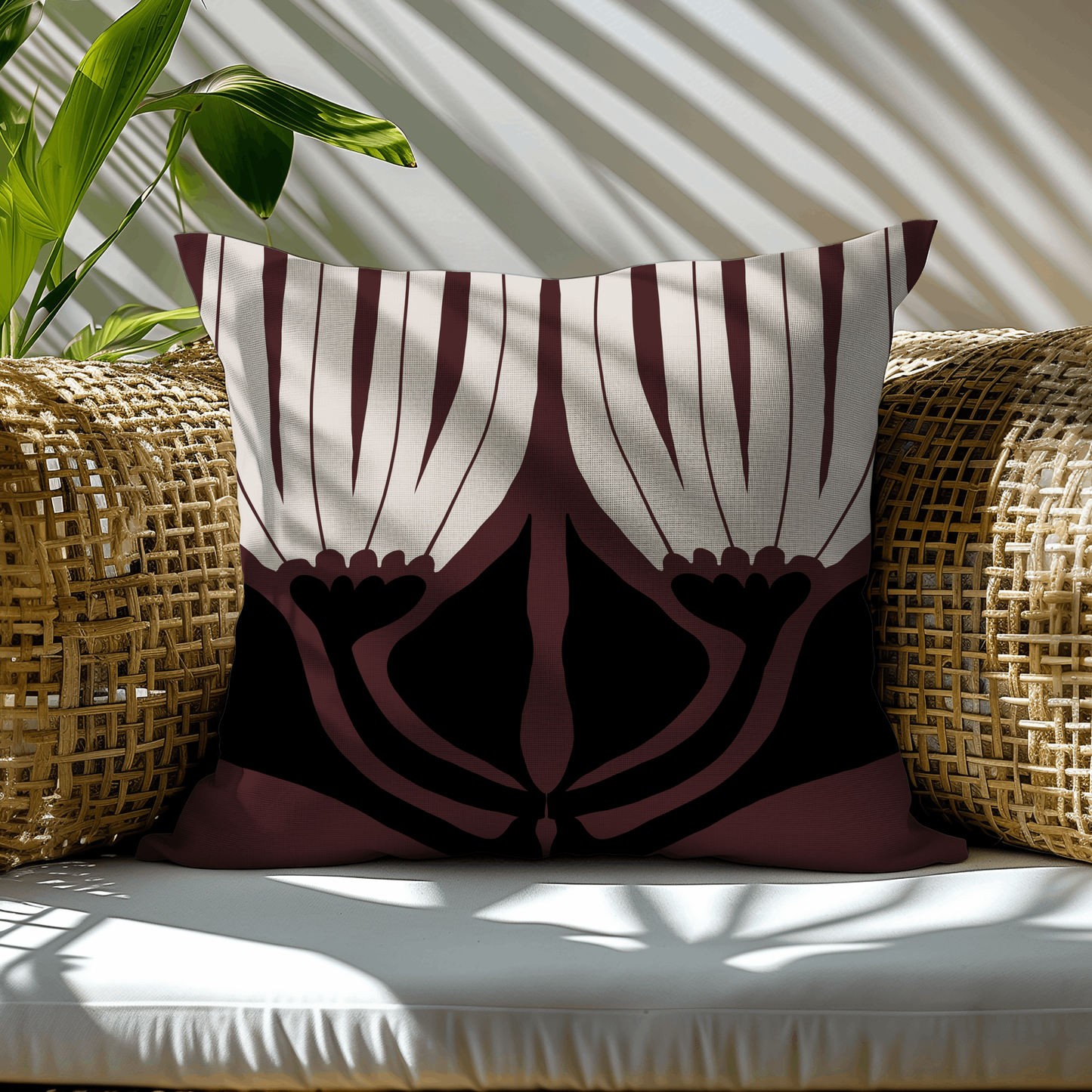 Burgundy, Black, and Cream Abstract Floral Woven Pillow