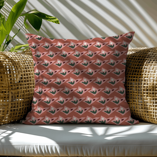 Terracotta, Pink, and Green Geometric Floral Woven Pillow