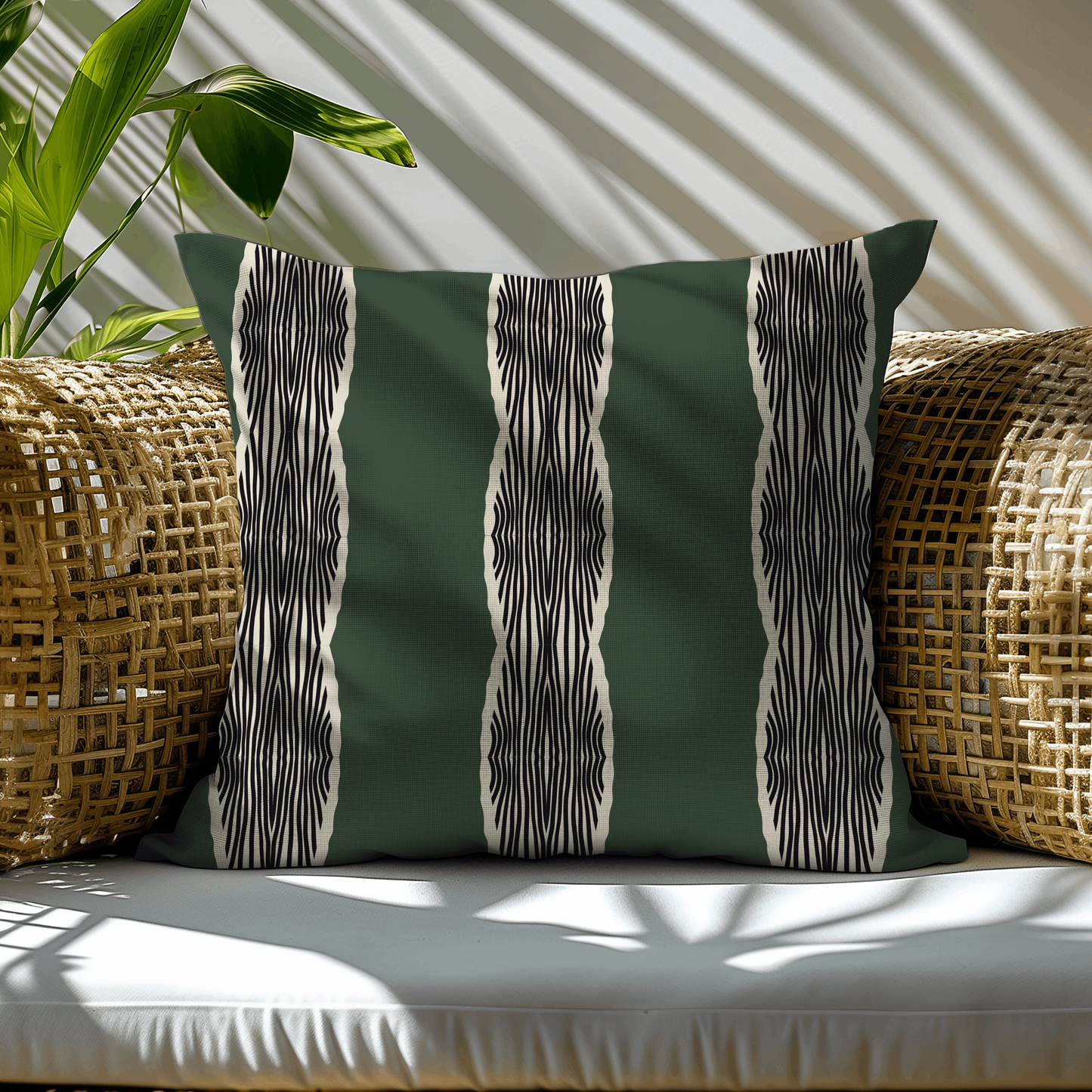 Green and Cream Wavy Stripe Woven Pillow