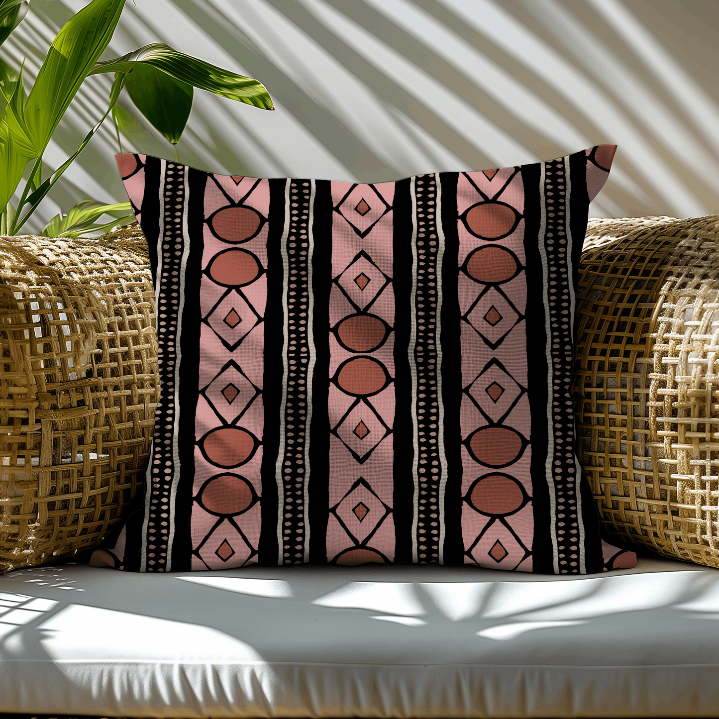 Pink and Terracotta Tribal Geometric Woven Pillow