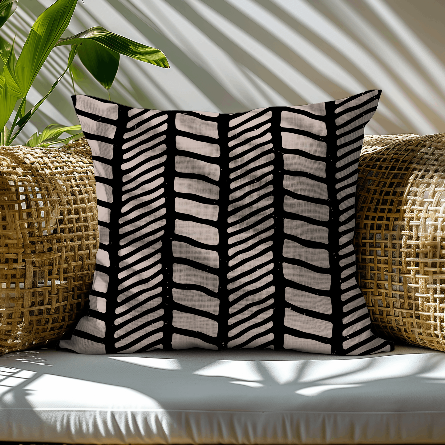 Black and Beige Abstract Herringbone Woven Pillow