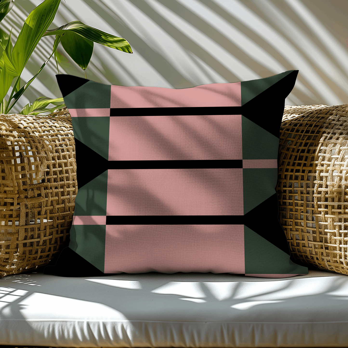 Pink, Green, and Black Geometric Woven Pillow