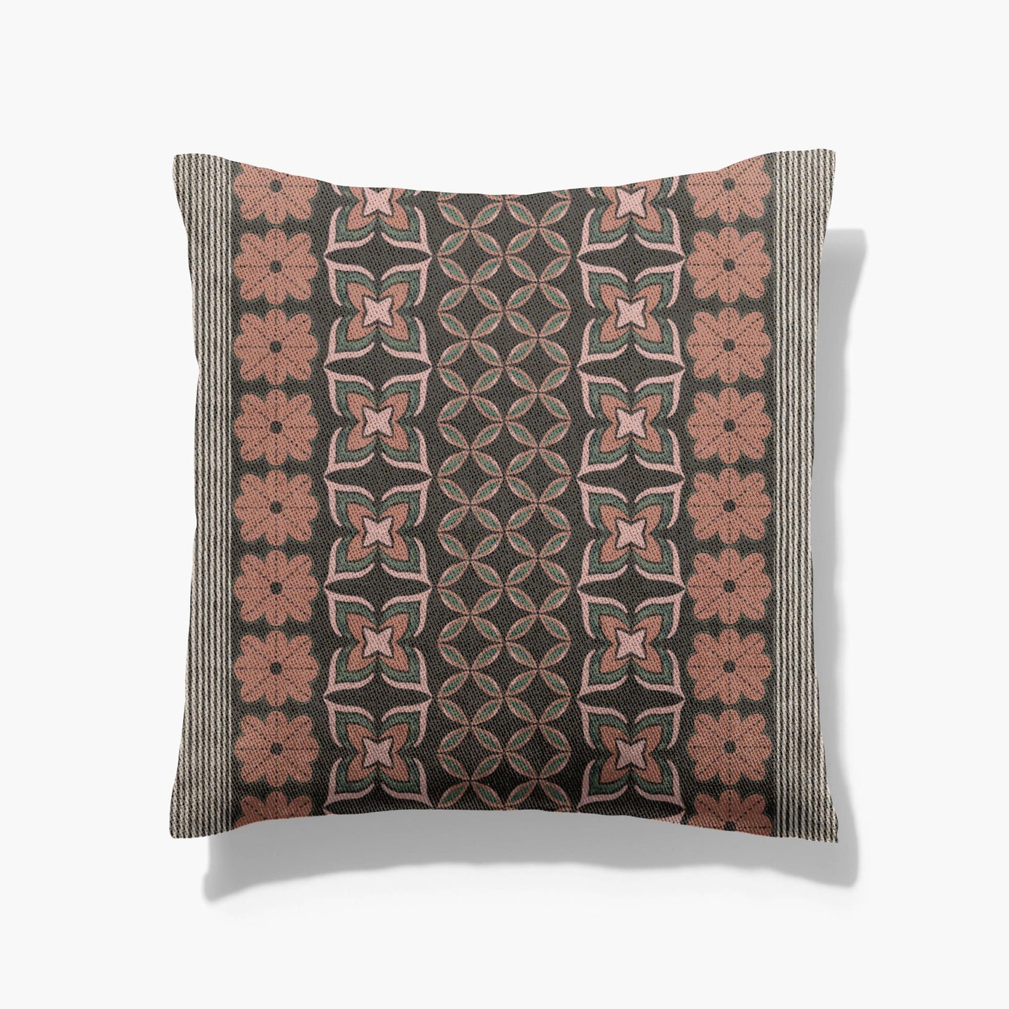 Vintage 70s Inspired Orange and Green Floral Stripe Throw Pillow