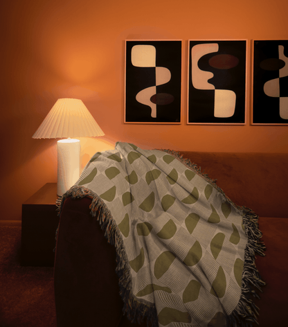 Modern Minimalist Woven Throw Blanket with Olive Half-Moon Pattern