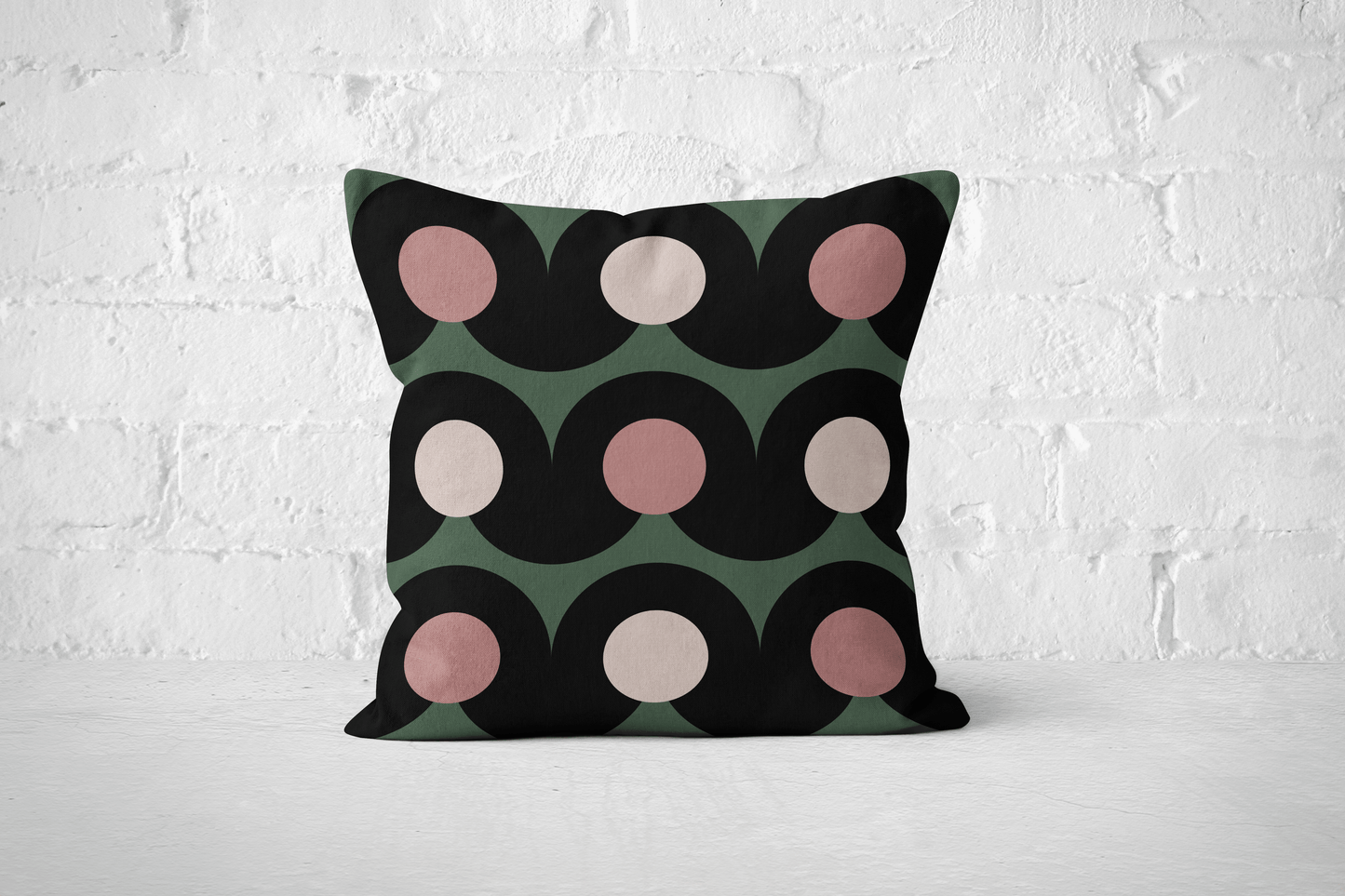 Retro Mod Circles Woven Pillow in Green, Black, and Blush