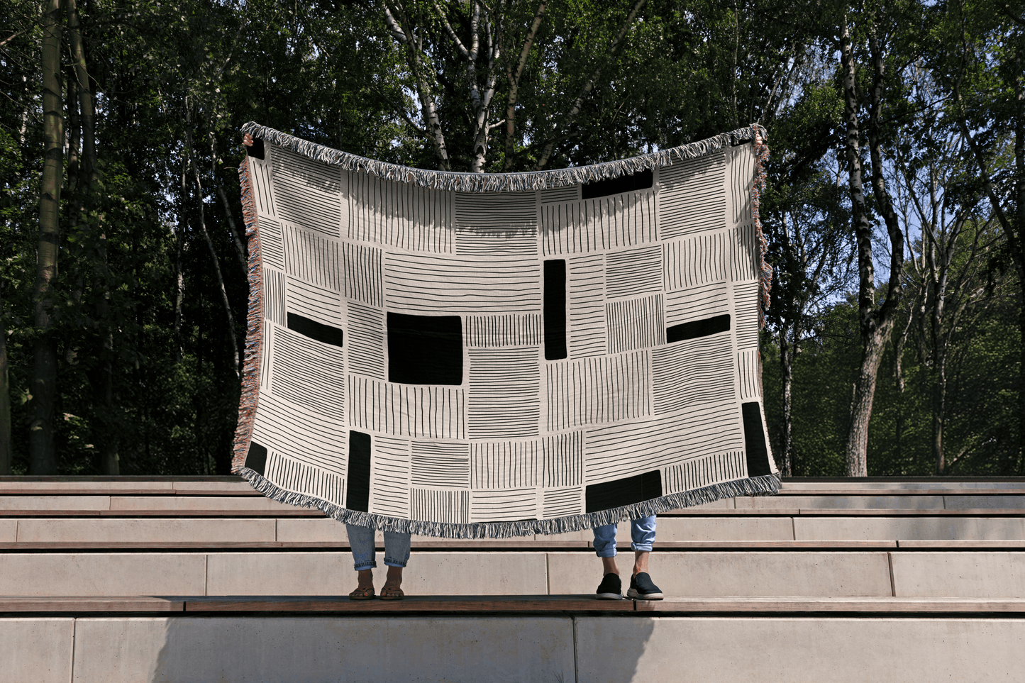Modern Minimalist Beige and Black Linework Throw Blanket
