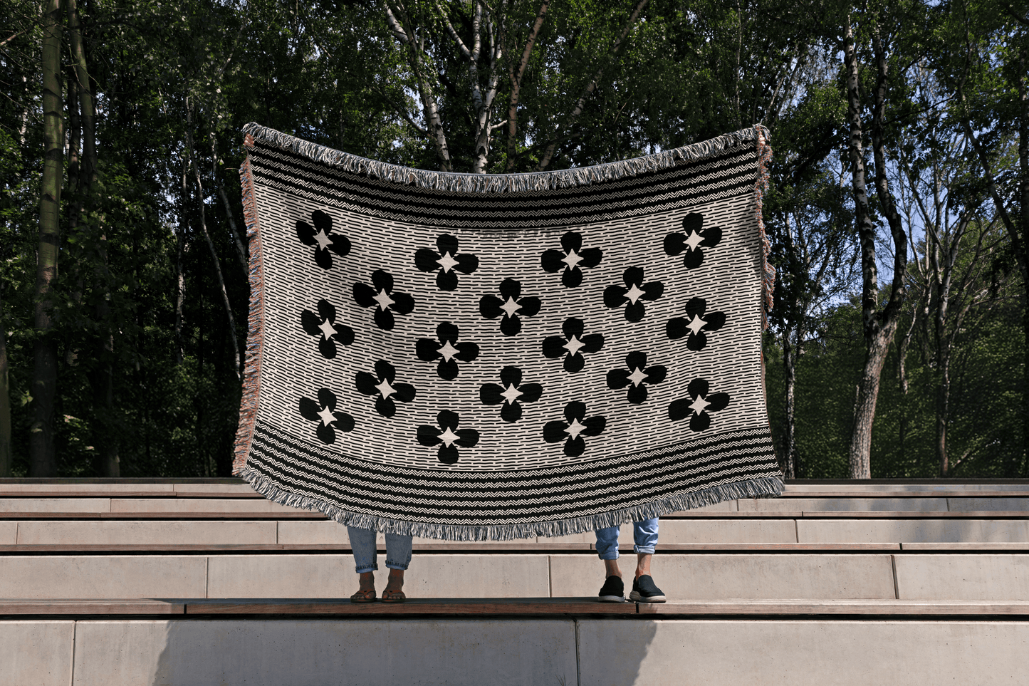 Black and White Woven Floral Throw Blanket