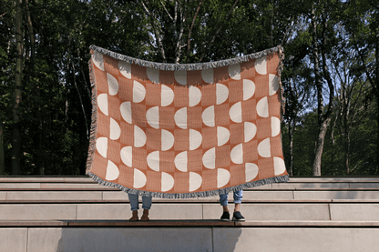 Terracotta Geometric Woven Throw Blanket with Half-Moon Pattern