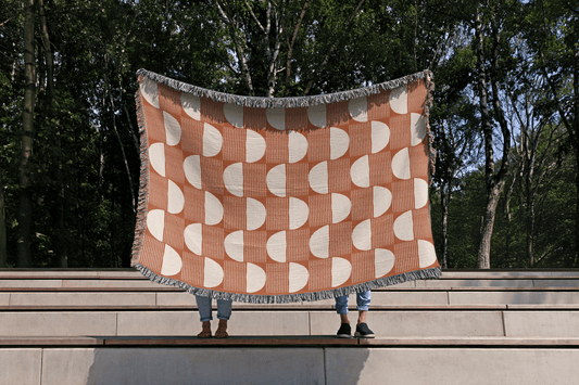 Terracotta Geometric Woven Throw Blanket with Half-Moon Pattern