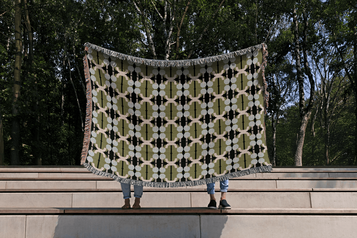 Modern Olive Green and Light Blue Woven Throw Blanket