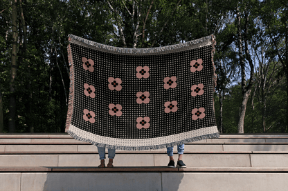Pink and Black Flower Zigzag Border Blanket