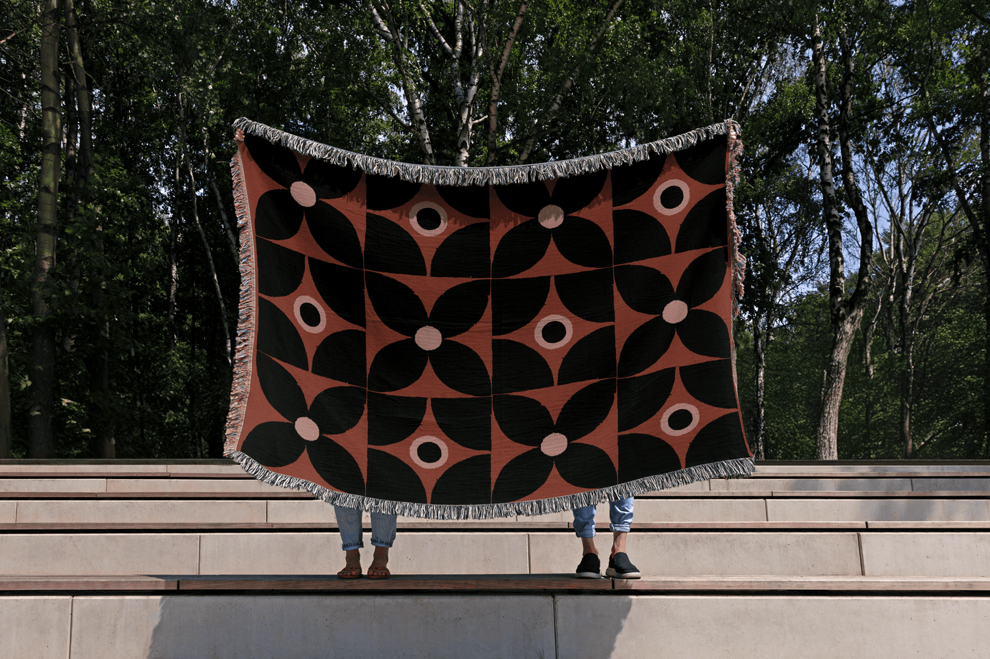 Rust & Black Retro Floral Geometric Blanket