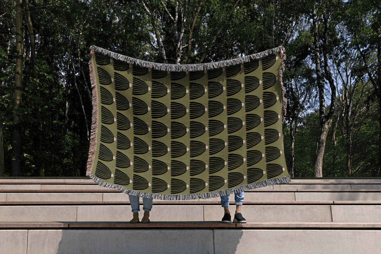 Boho Green Geometric Woven Cotton Blanket
