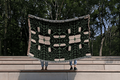 Green Boho Matisse Floral Woven Cotton Blanket