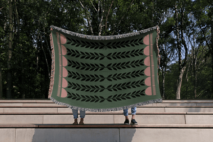 Green and Pink Botanical Woven Cotton Blanket