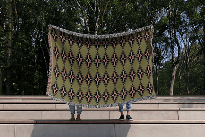 Olive Green Diamond Geometric Woven Cotton Blanket