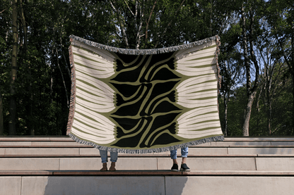 Abstract Floral Woven Cotton Blanket – Olive Green, Black & White