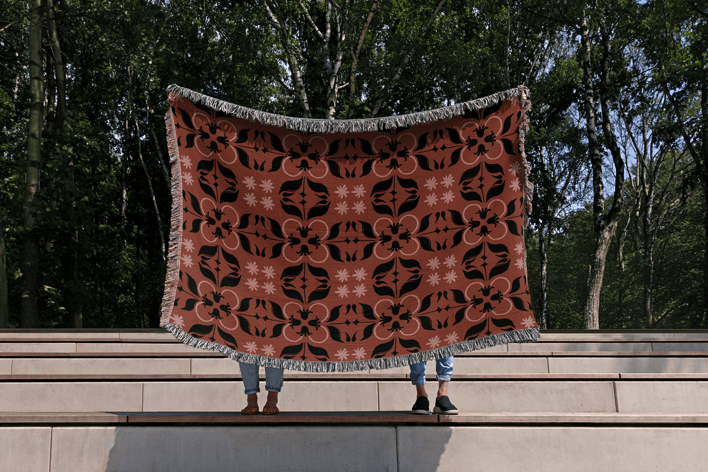 Vintage Floral Woven Cotton Blanket – Terracotta, Pink & Black