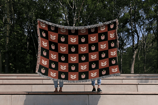 Checker Floral Woven Cotton Blanket – Terracotta, Pink & Black