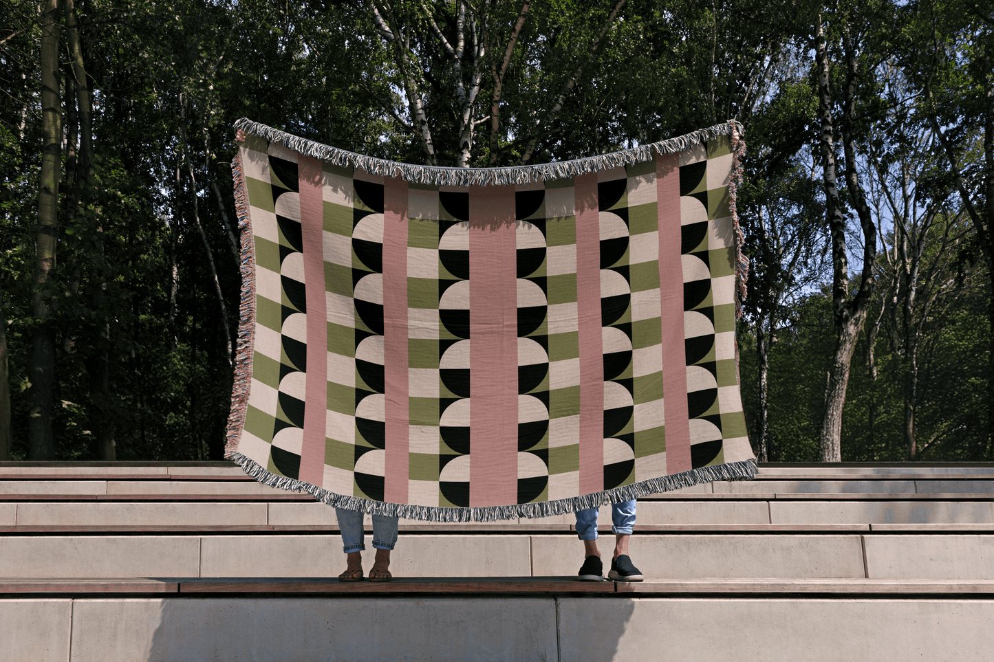 Blush & Olive Green Mid Century Modern Woven Cotton Throw