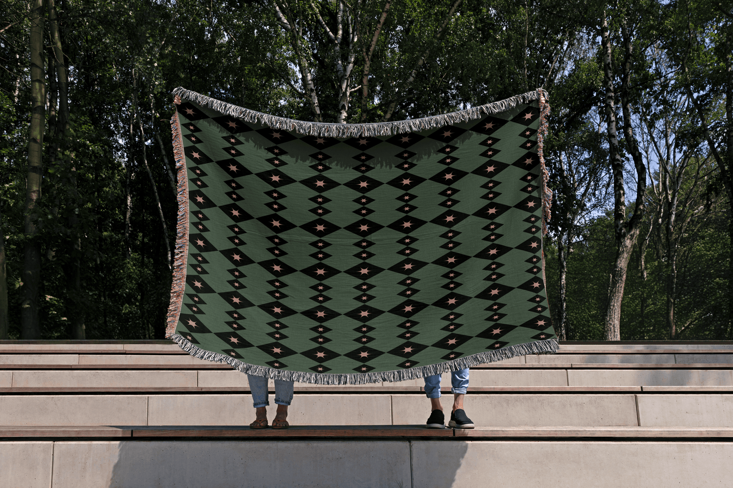 Sage Green & Mauve Diamond Star Woven Cotton Throw