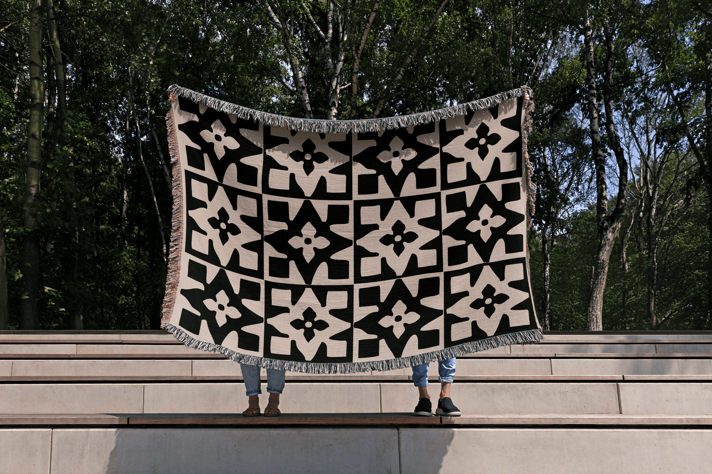 Black & Taupe Geometric Floral Pattern Woven Blanket