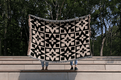 Black & Taupe Geometric Floral Pattern Woven Blanket