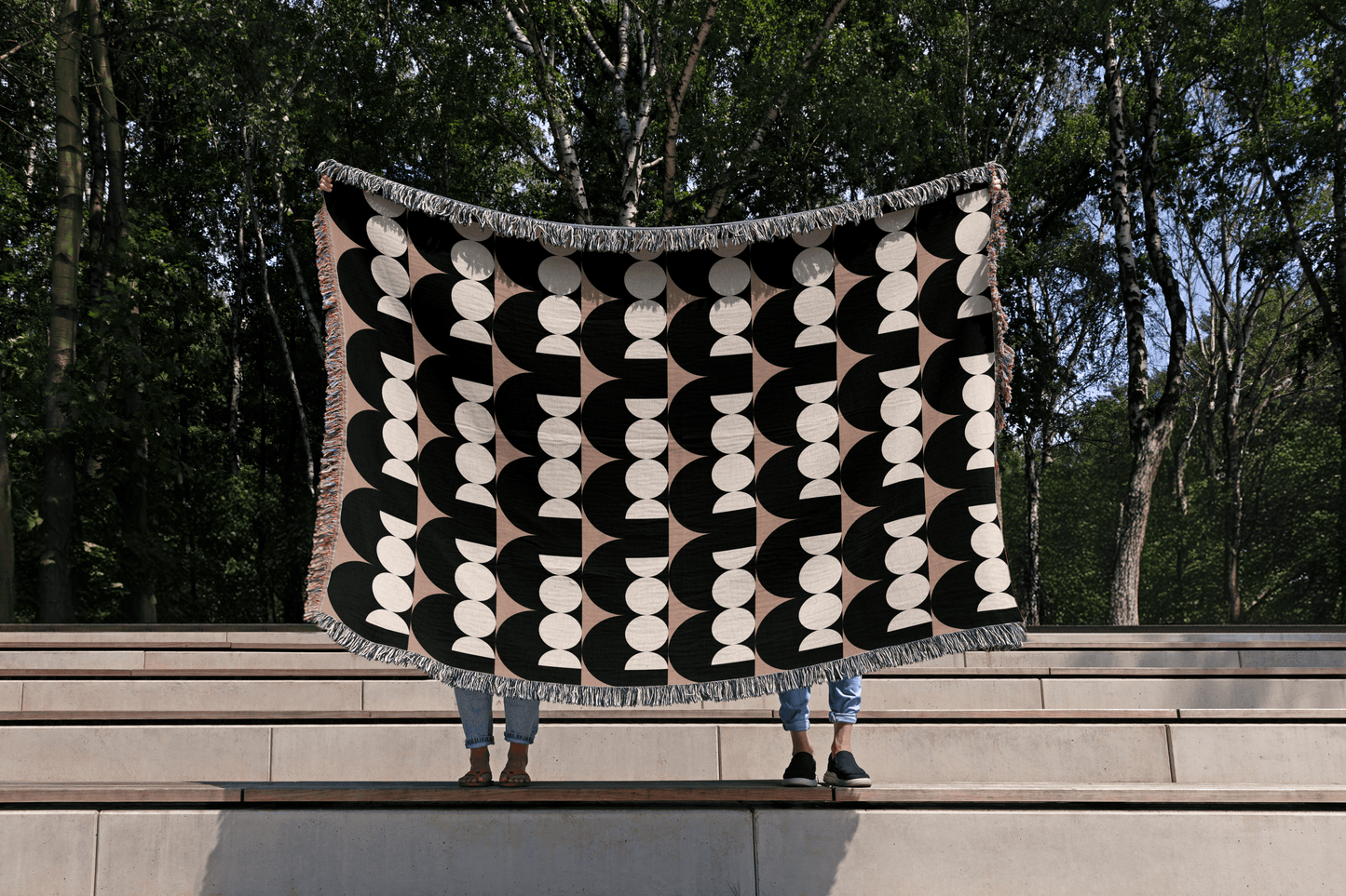 Beige and Black Modern Minimalist Woven Throw Blanket