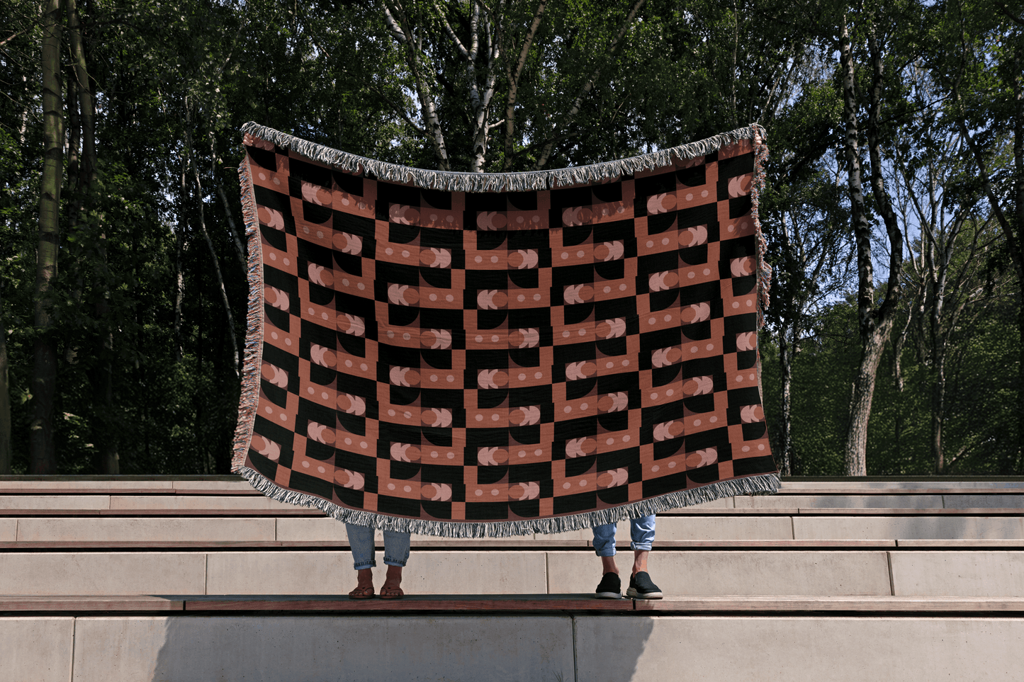 Retro Abstract Woven Throw Blanket – Terracotta & Blush Geometric Blocks